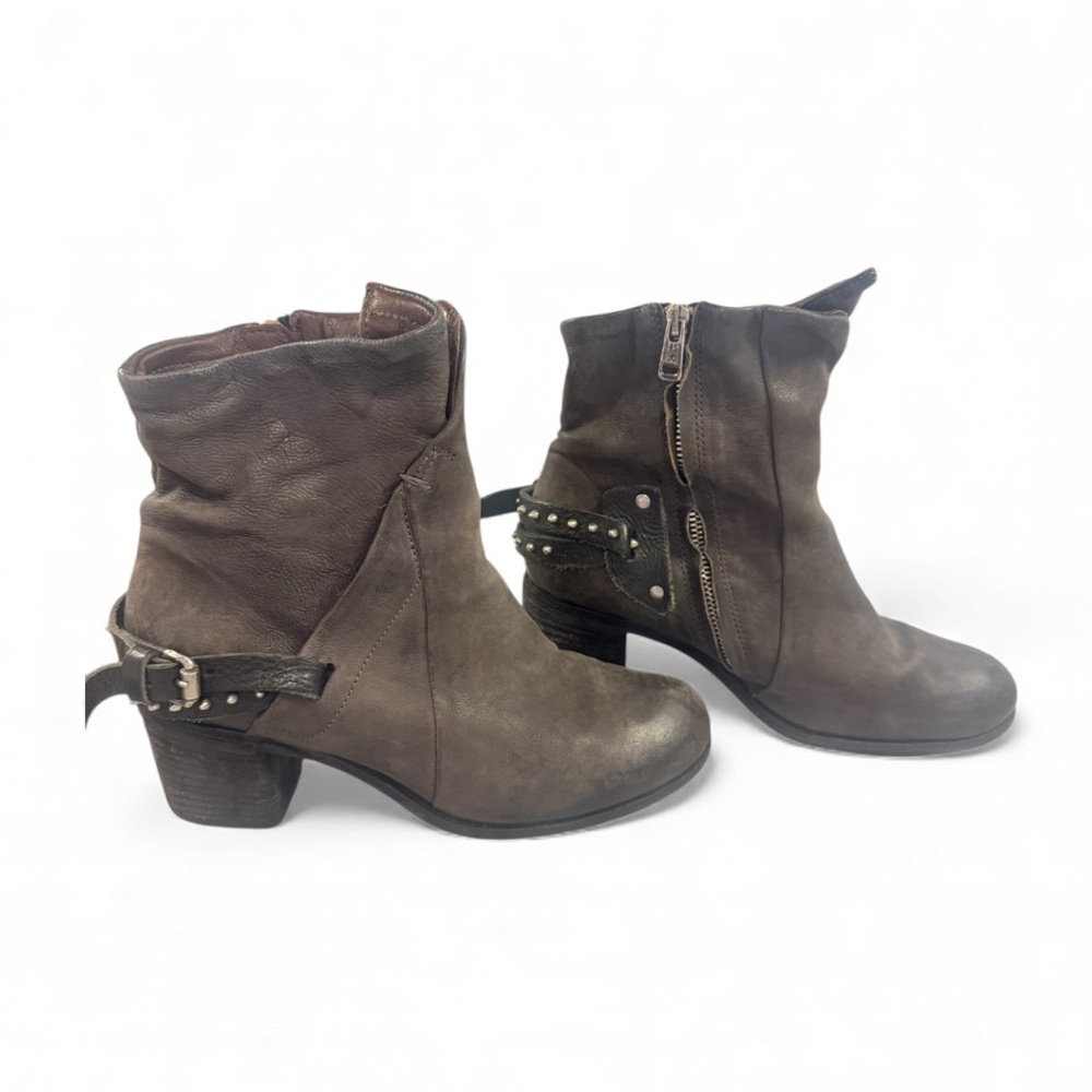 A.S.98 Distressed Leather Gray Ankle Boots with Studded Strap - Picture 2 of 12